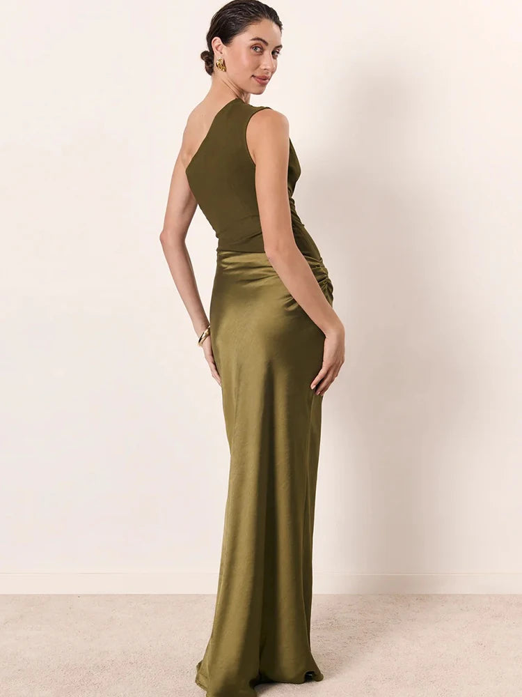 JULISSA MO Patchwork Satin Sexy One Shoulder Women Maxi Dress Brown Sleeveless Evening Dress Summer Slim Elegant Party Clubwear