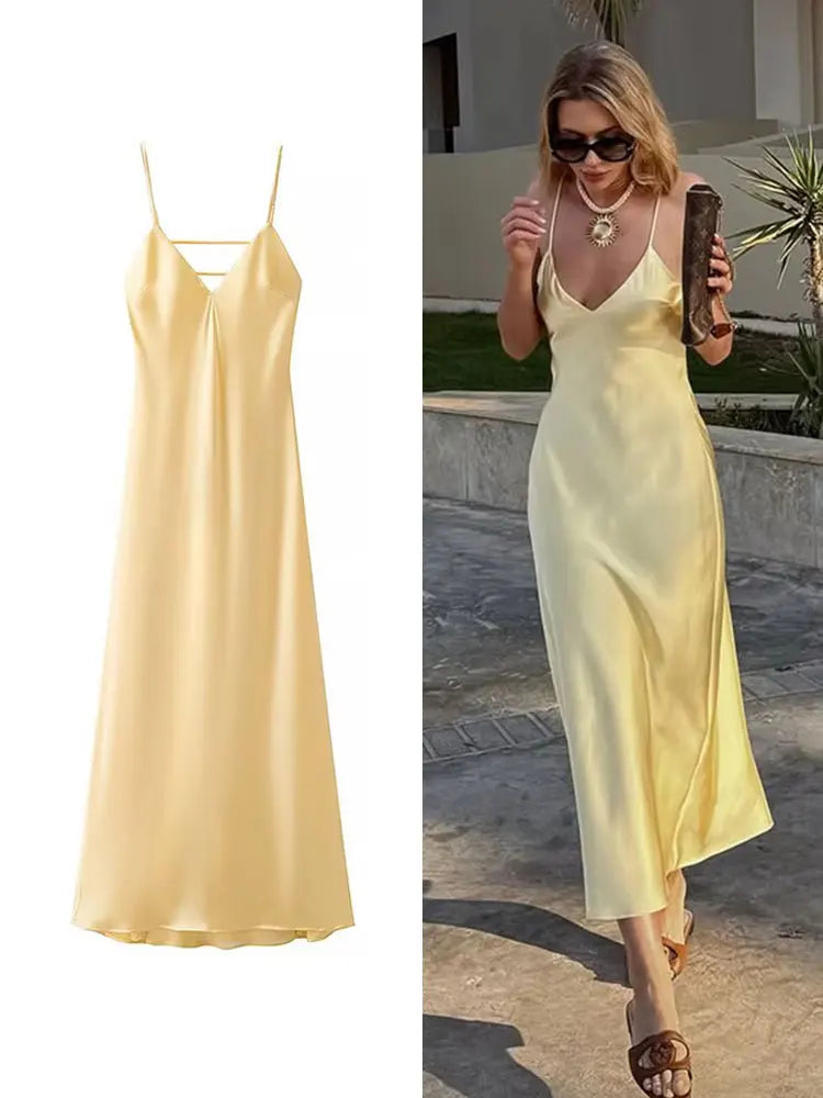 Robe Longue Satinée Jaune Femme