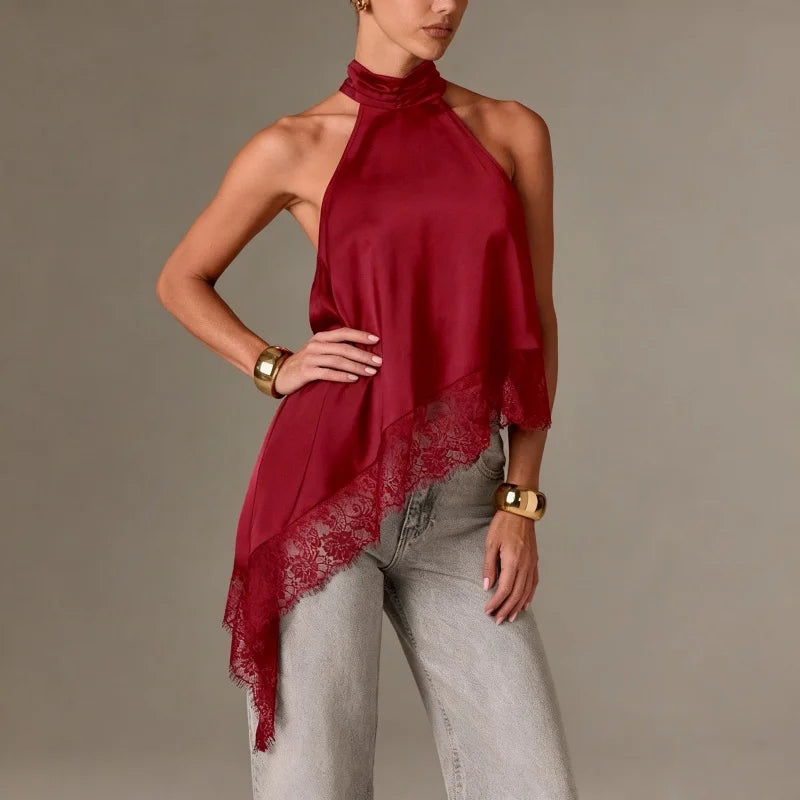 Top Halter à Col Montant Y2K pour Femme en Satin et Dentelle