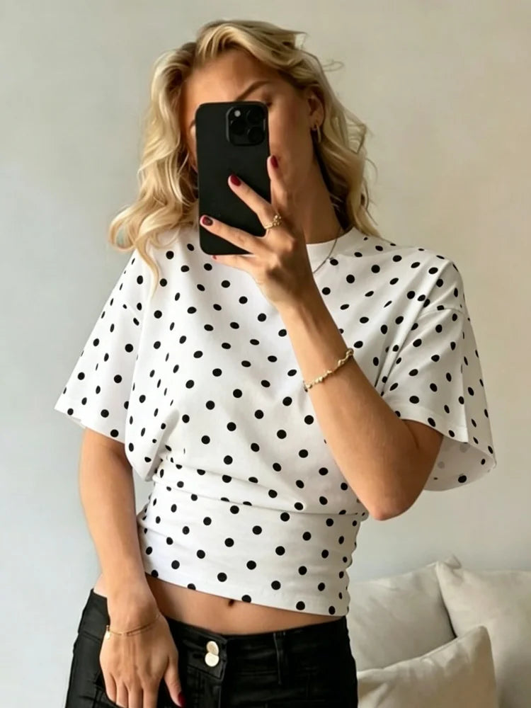Woman Round Neck Pleating Polka Dots Dolman Sleeve Crop Top Summer Sexy Elegant Leisure Comfortable Soft Y2k Slim Fit T-shirt