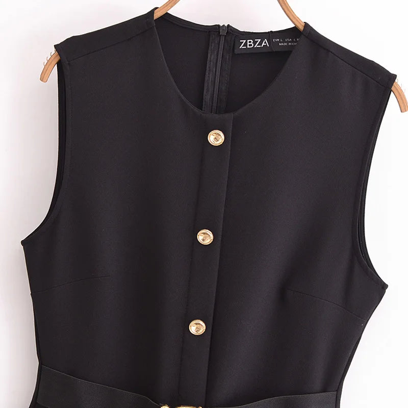 Robe Femme Élégante Sans Manches, Boutonnée avec Ceinture