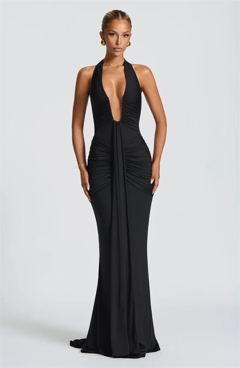 Mozision Deep V Neck Draped Ruched Sexy Maxi Dress Women Summer Fashion Halter Sleeveless Backless Club Party Long Dress Elegant
