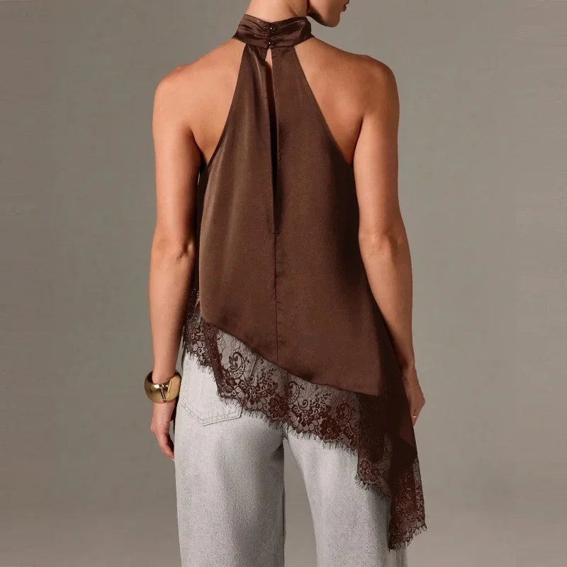 Top Halter à Col Montant Y2K pour Femme en Satin et Dentelle