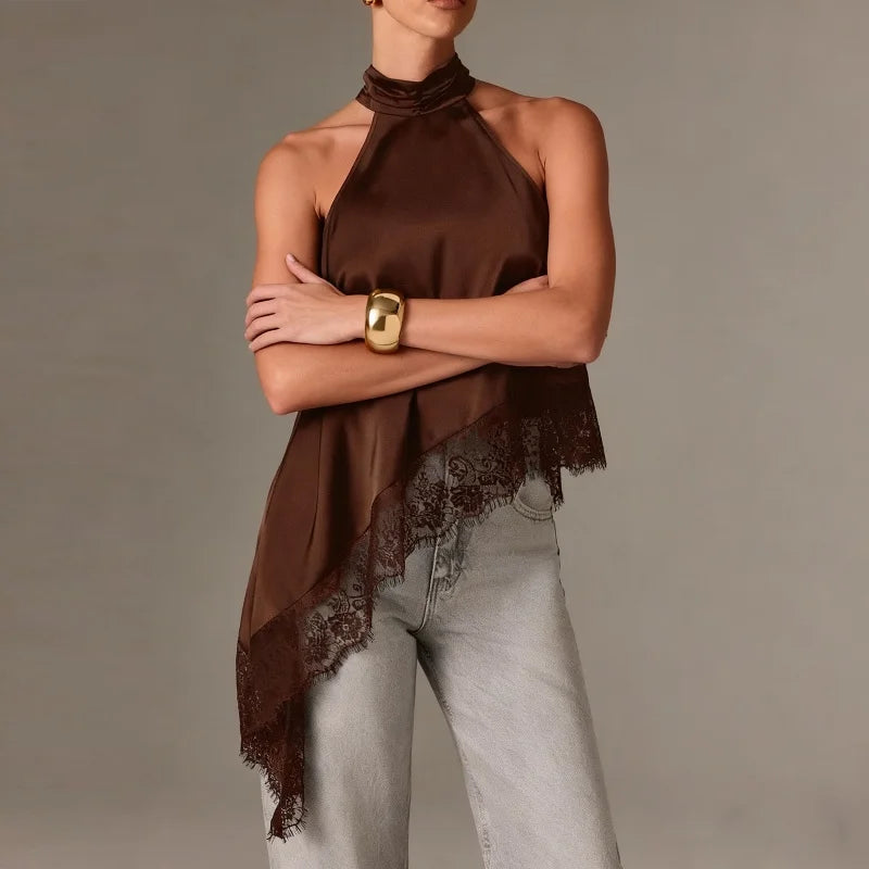 Top Halter à Col Montant Y2K pour Femme en Satin et Dentelle