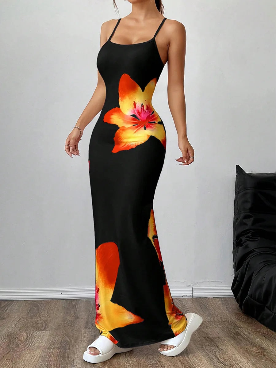 Robe longue moulante à bretelles sexy pour femme