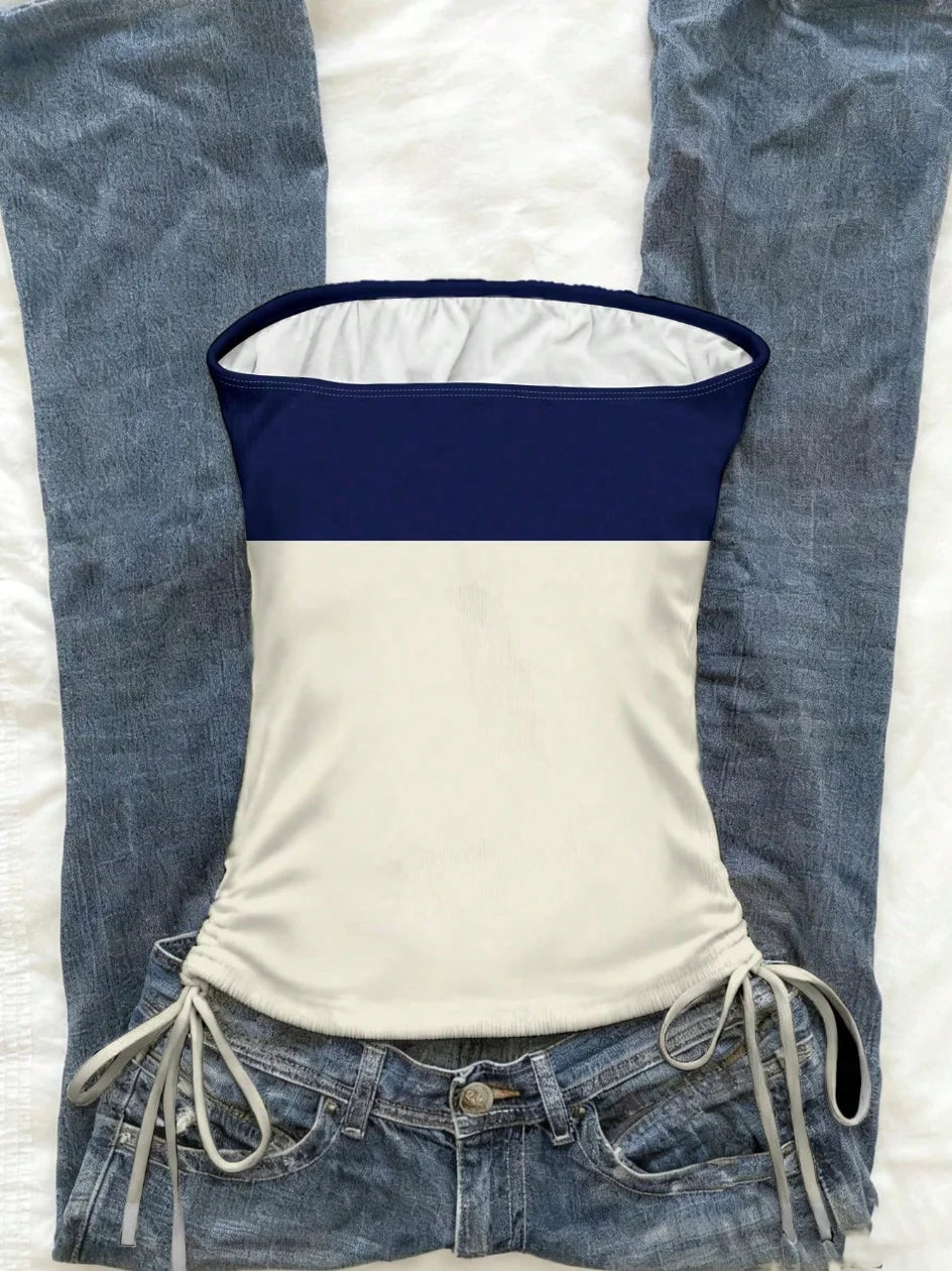cropped top ,Women's Summer Drawstring Tie Front Cutaway Tapered Tank Top, Fashionable Resort-Fit Sporty Print Strappy Top