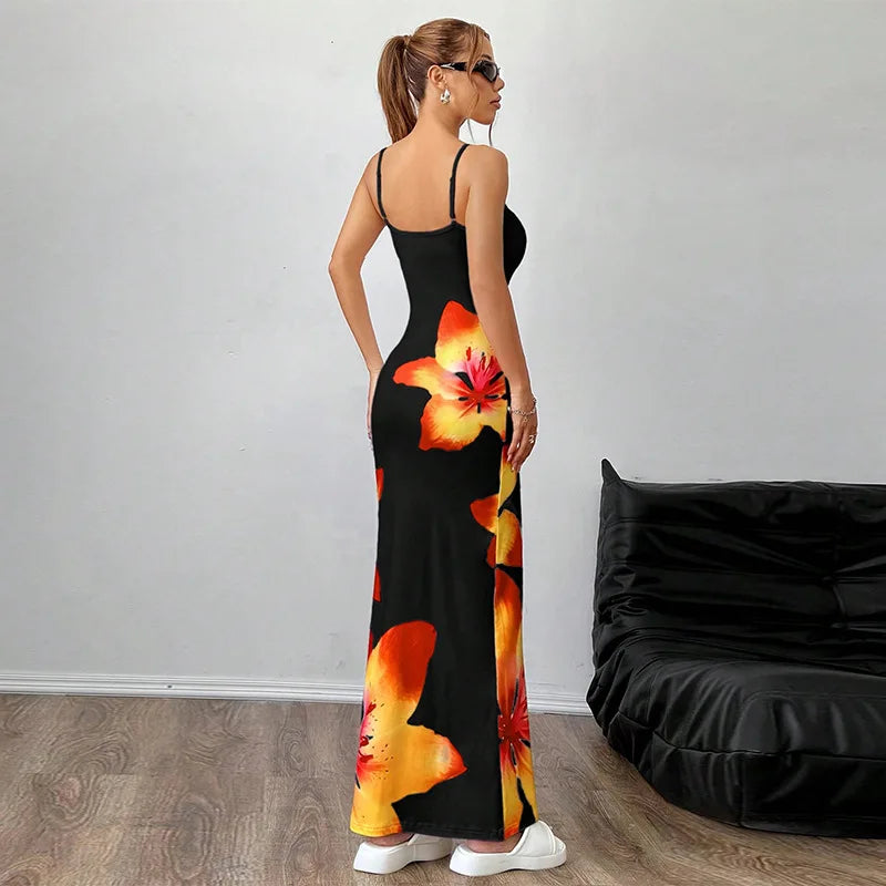 Robe longue moulante à bretelles sexy pour femme