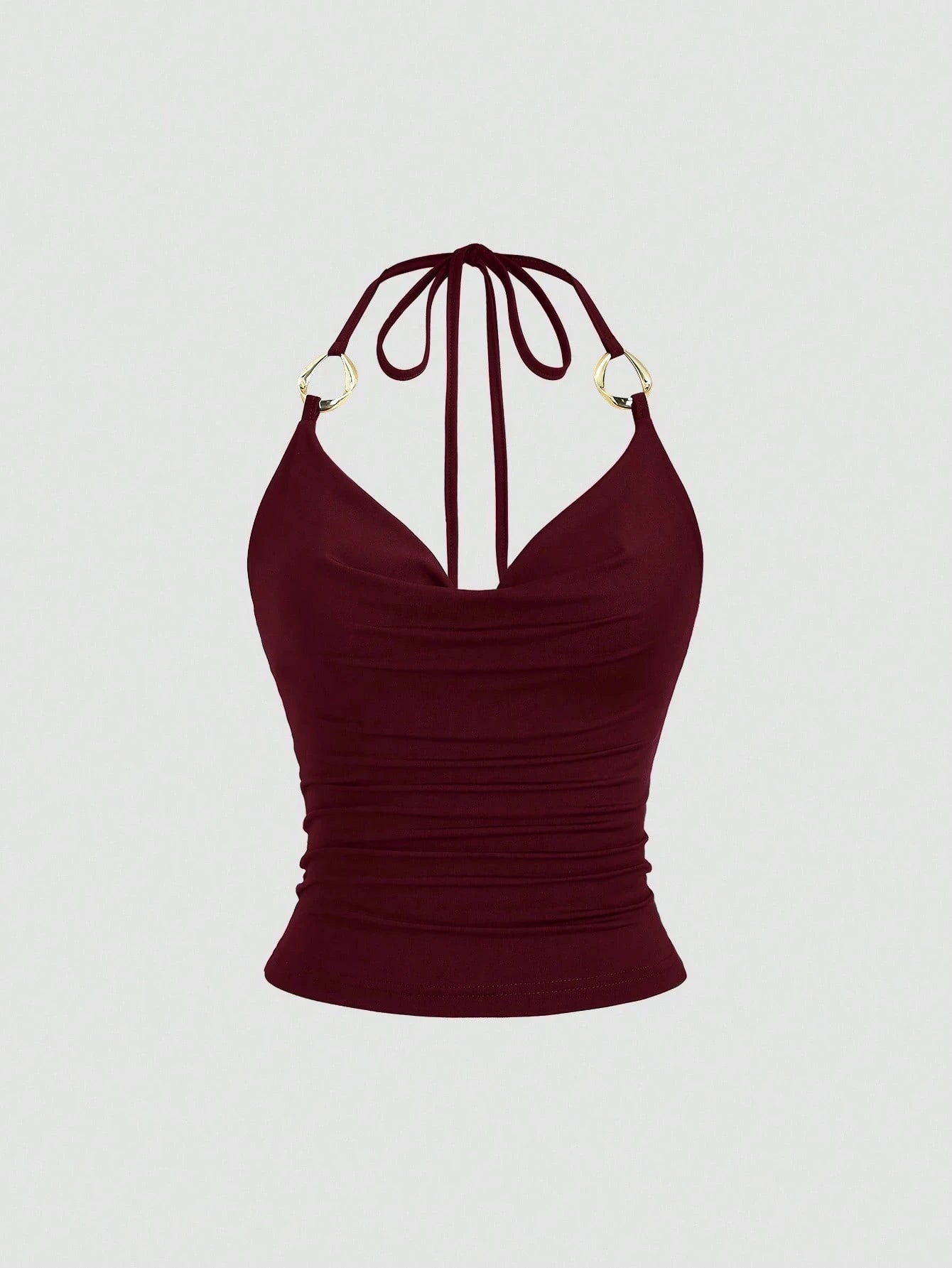 Women's Sexy Drape V-Neck Metal Decor Slim Fit Backless Halter Neck Cami Top Casual Solid Color Back Tie-Strap Crop Top 2026