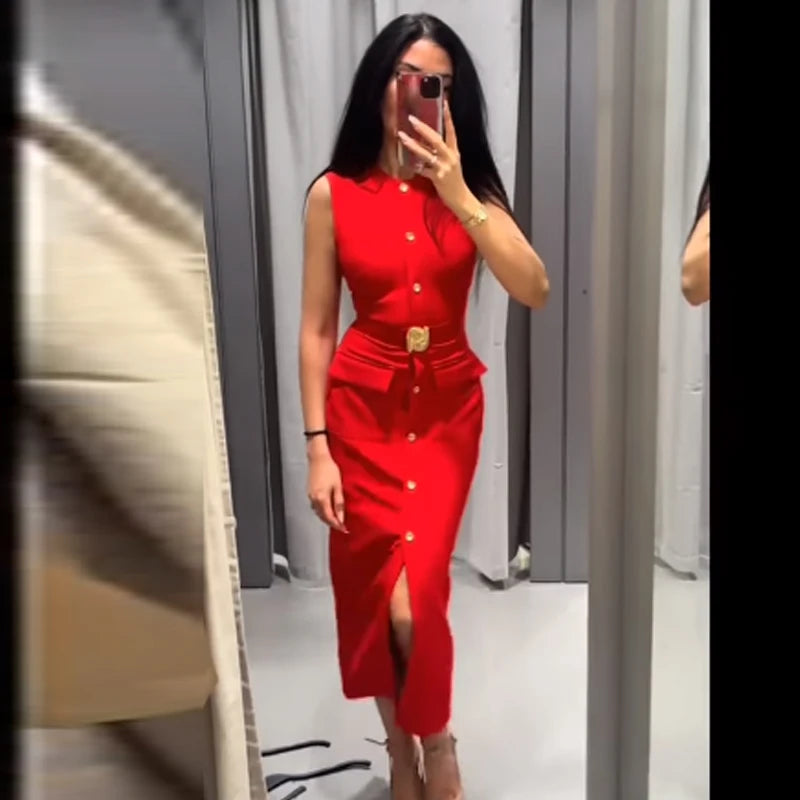 Robe Femme Élégante Sans Manches, Boutonnée avec Ceinture