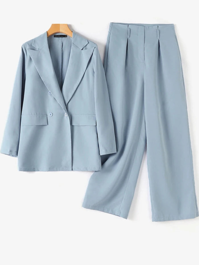 Blazer à Manches Longues et Pantalon Large Taille Haute