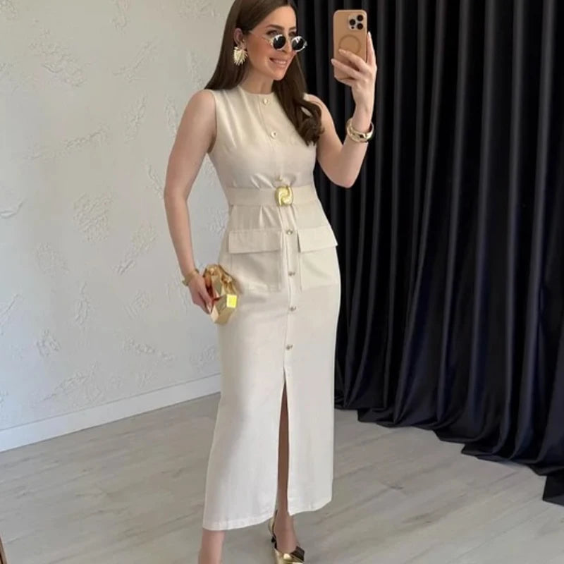 Robe Femme Élégante Sans Manches, Boutonnée avec Ceinture