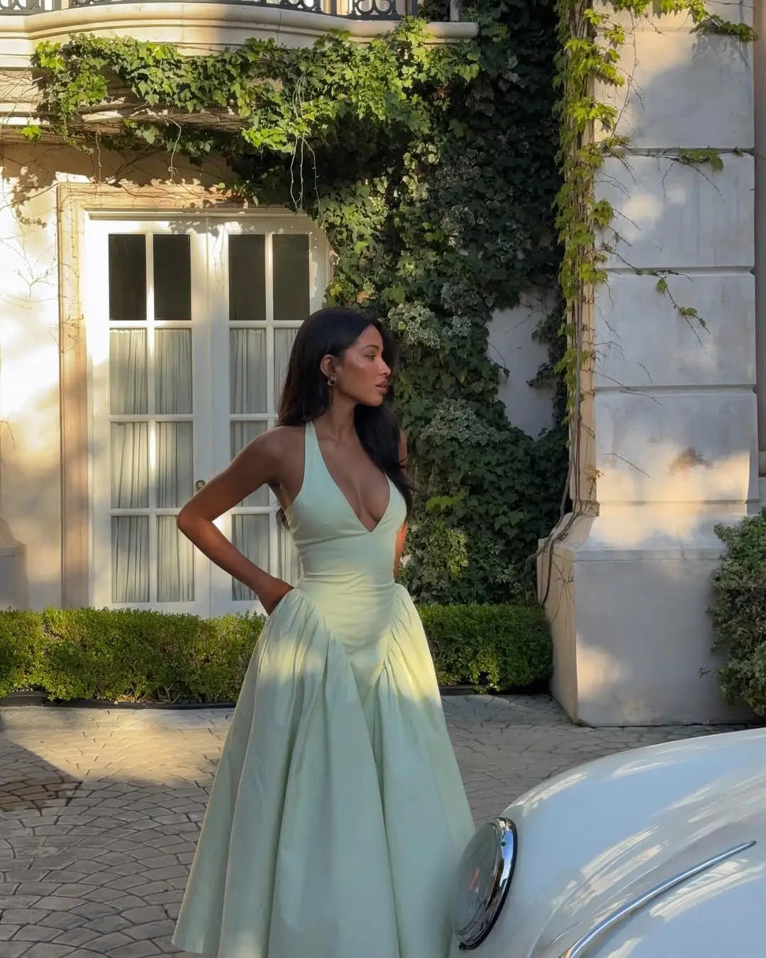 YENKYE Sexy Backless Green Elegant Halter Dress For Women Low Waist A-line Midi Summer Evening Party Dresses Cotton Robe