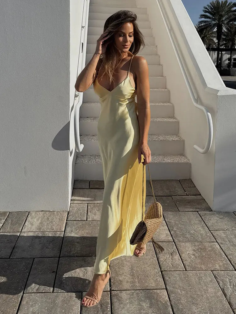 Robe Longue Satinée Jaune Femme