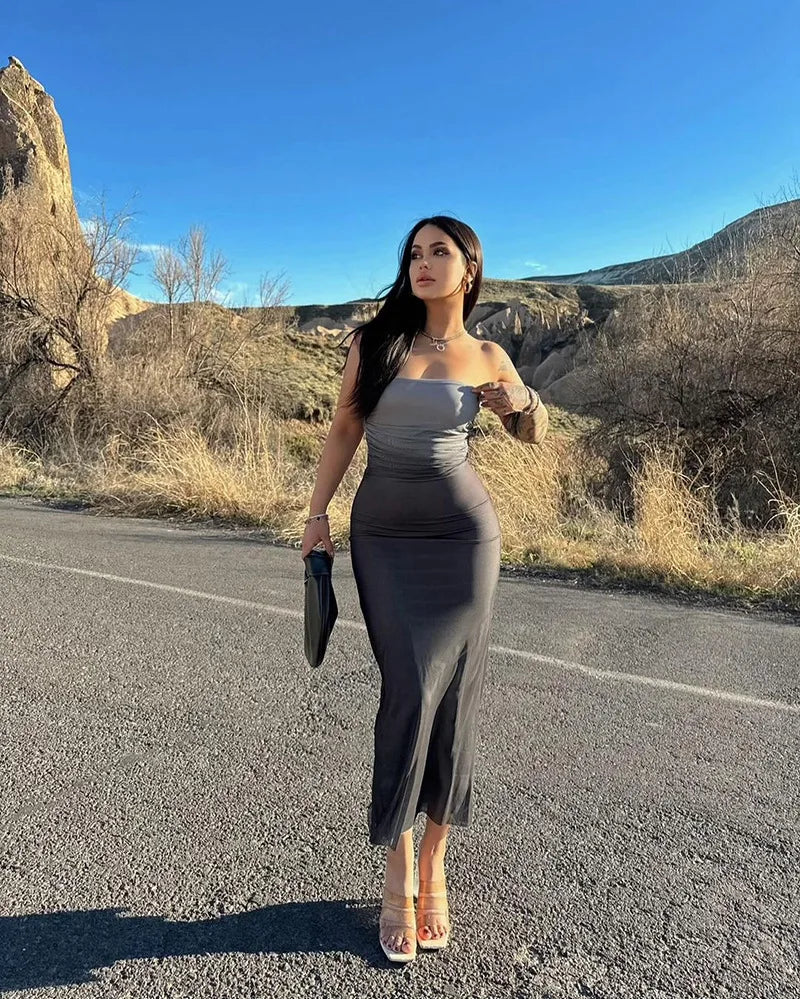 Robe Longue Maxi Sexy Dégradée Sans Bretelles et Dos Nu pour Femmes