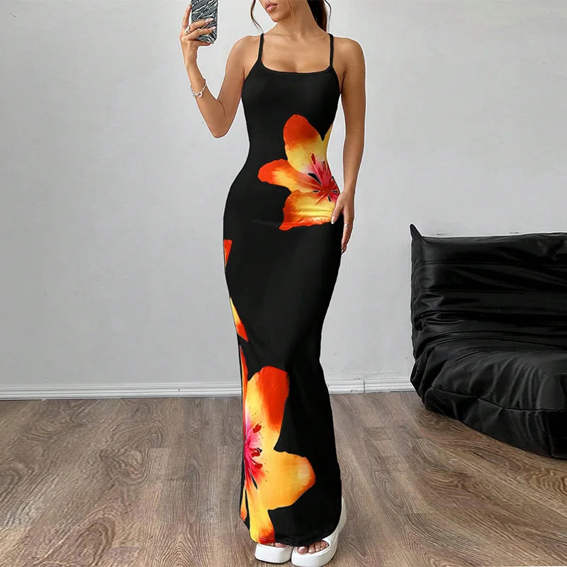 Robe longue moulante à bretelles sexy pour femme