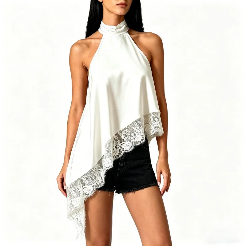 Top Halter à Col Montant Y2K pour Femme en Satin et Dentelle