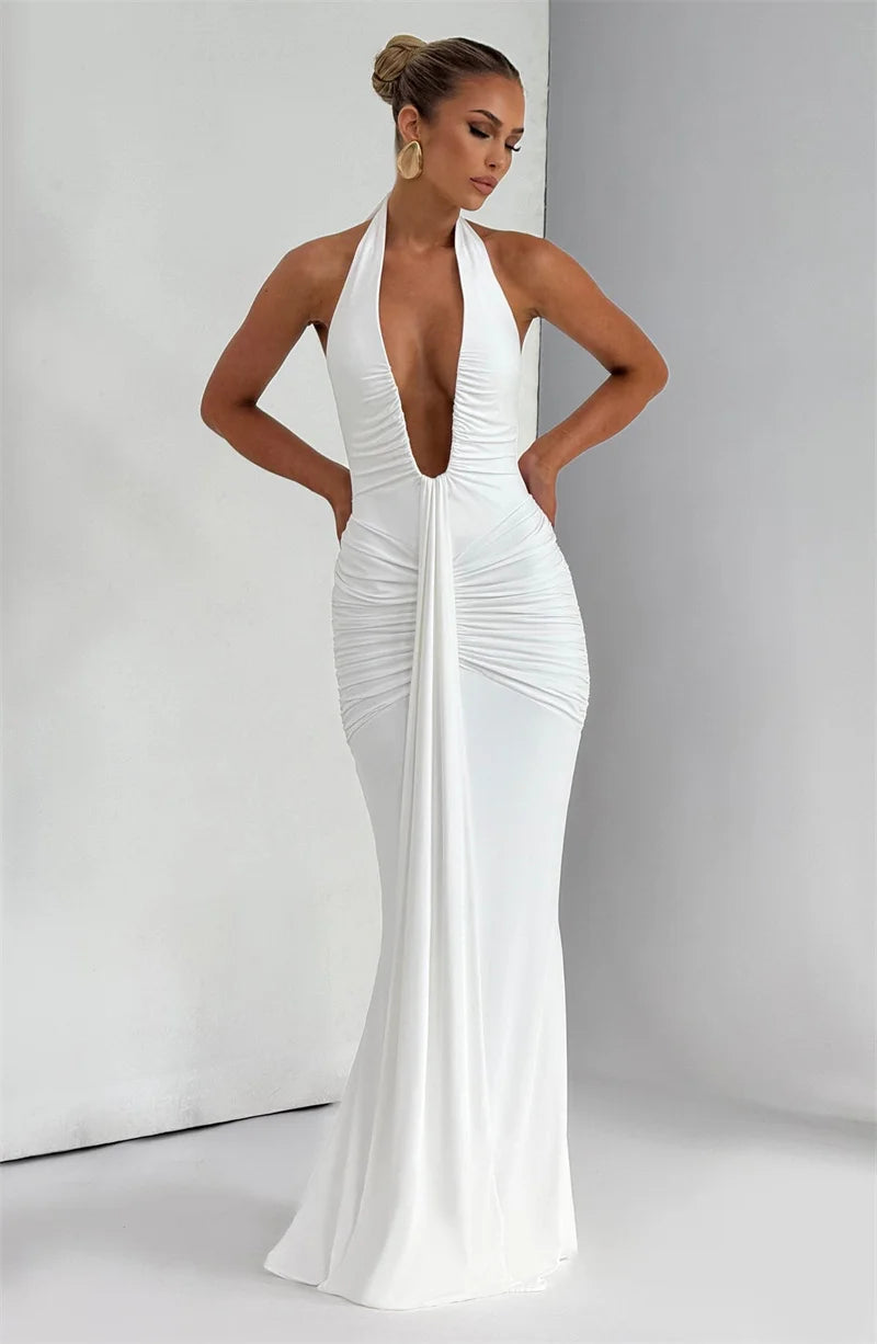Mozision Deep V Neck Draped Ruched Sexy Maxi Dress Women Summer Fashion Halter Sleeveless Backless Club Party Long Dress Elegant