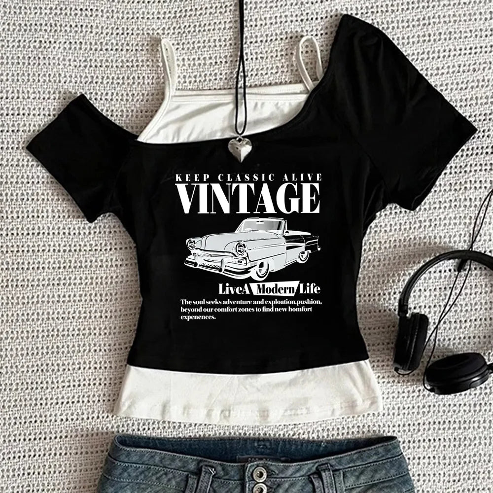 Crop Top Femme Vintage Voiture Rétro