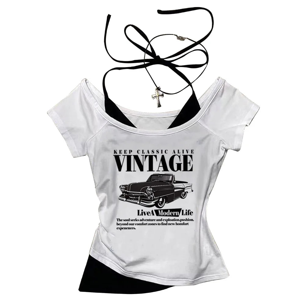 Crop Top Femme Vintage Voiture Rétro