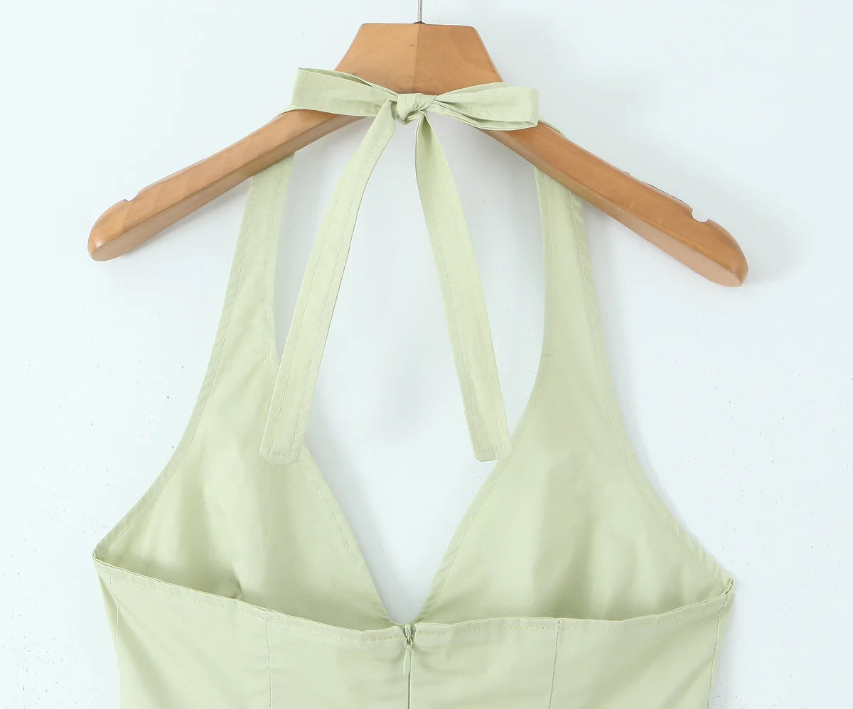 YENKYE Sexy Backless Green Elegant Halter Dress For Women Low Waist A-line Midi Summer Evening Party Dresses Cotton Robe