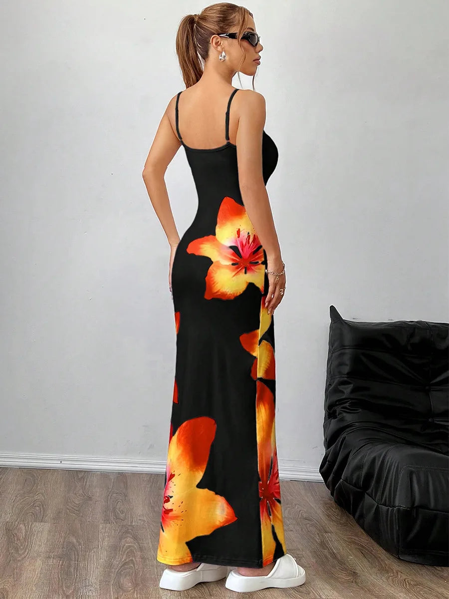 Robe longue moulante à bretelles sexy pour femme