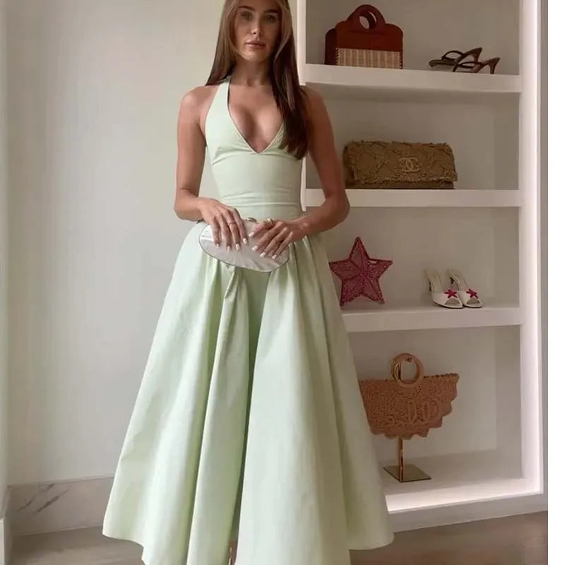 YENKYE Sexy Backless Green Elegant Halter Dress For Women Low Waist A-line Midi Summer Evening Party Dresses Cotton Robe