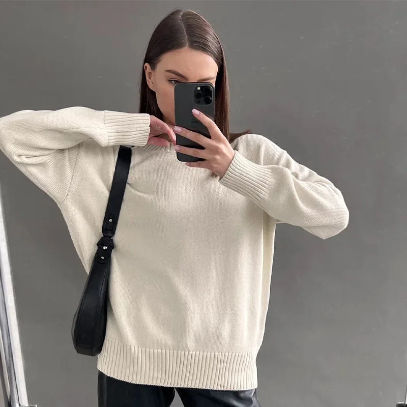 Pull à Manches Longues à Col Rond pour Femme