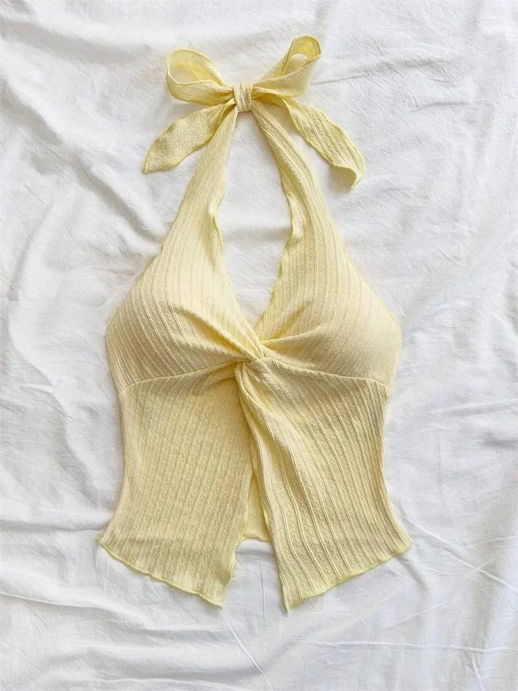 Yellow V-neck Halter Neck Top for Women Summer Y2K Clothes Sexy Sleeveless Backless Crop Top Streetwear