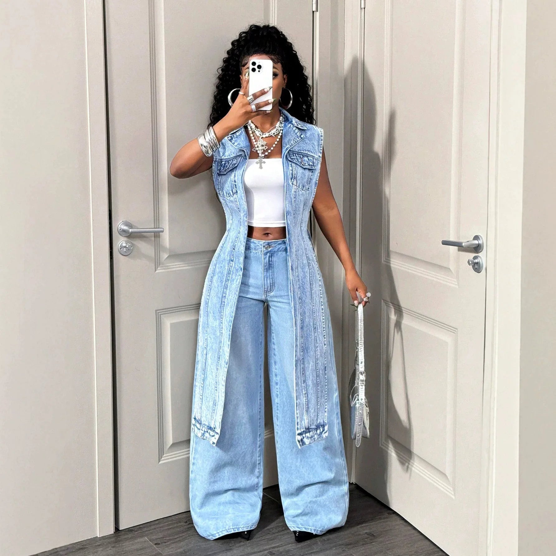 Gilet Long en Jean Femme Sans Manches