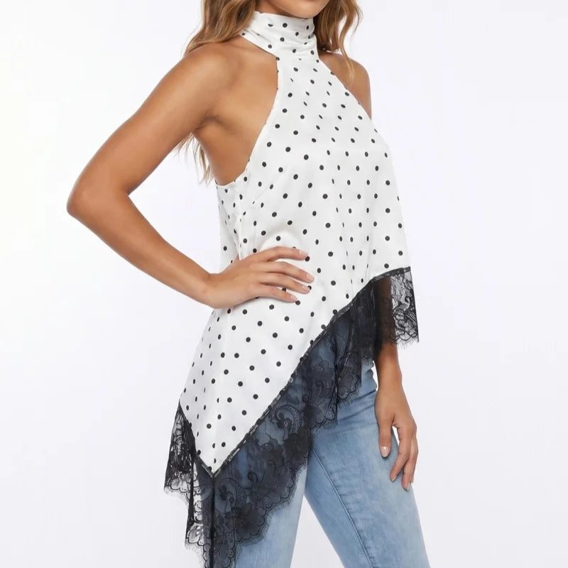 Top Halter à Col Montant Y2K pour Femme en Satin et Dentelle