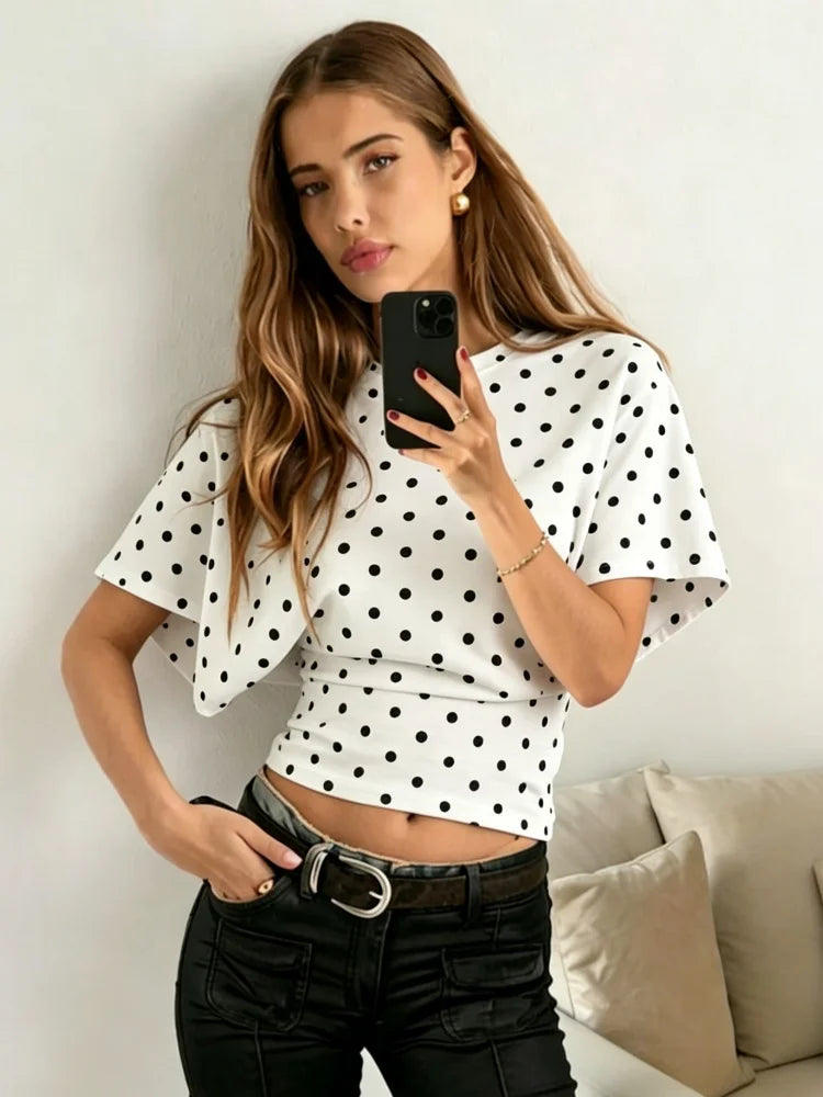 Woman Round Neck Pleating Polka Dots Dolman Sleeve Crop Top Summer Sexy Elegant Leisure Comfortable Soft Y2k Slim Fit T-shirt