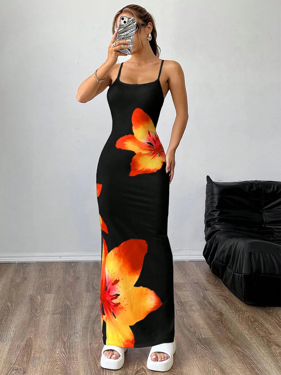 Robe longue moulante à bretelles sexy pour femme