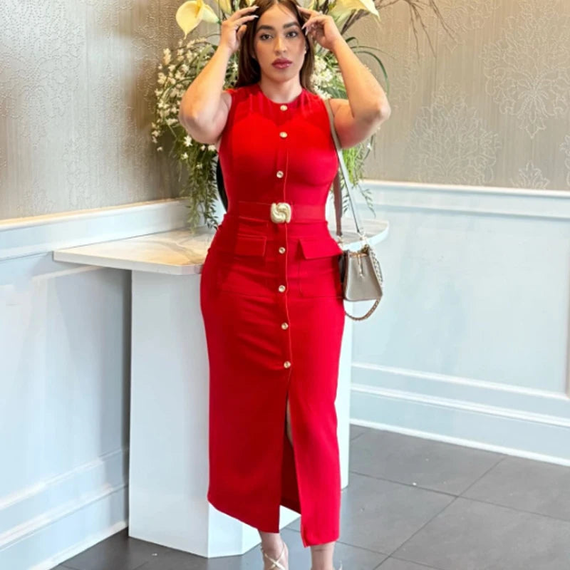 Robe Femme Élégante Sans Manches, Boutonnée avec Ceinture