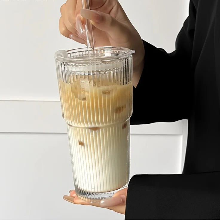 Tasse à Café en Verre Rayé 600 ml avec Couvercle