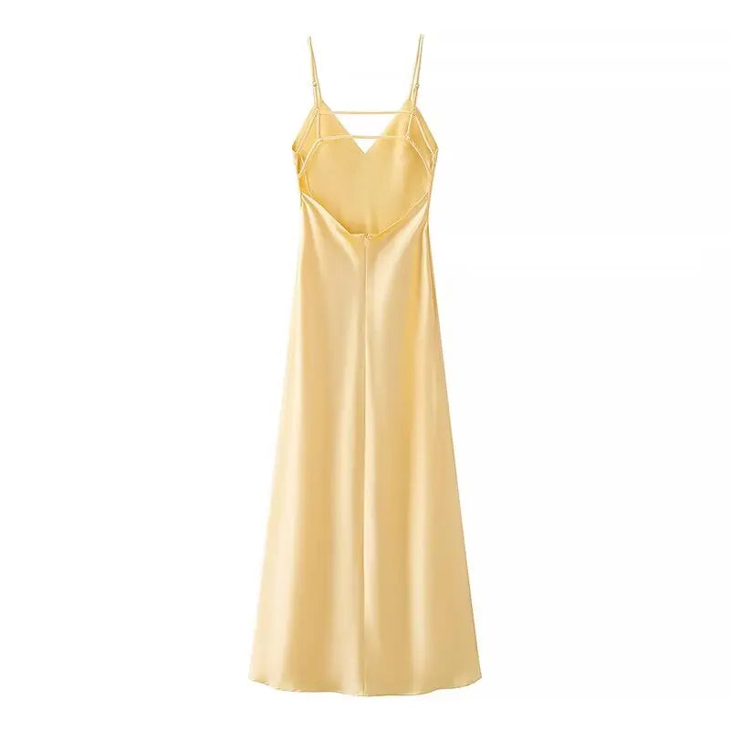 Robe Longue Satinée Jaune Femme