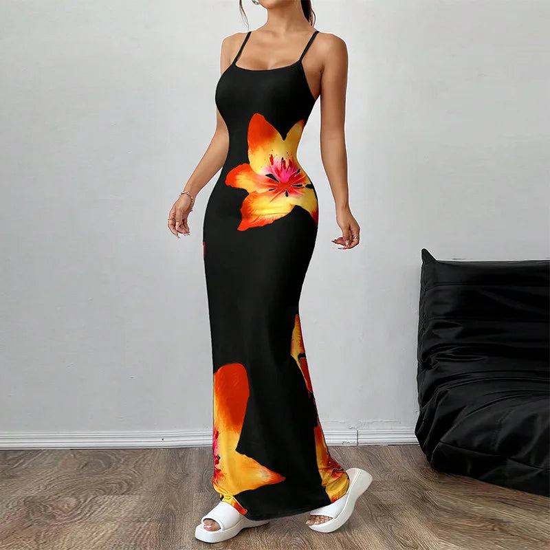 Robe longue moulante à bretelles sexy pour femme