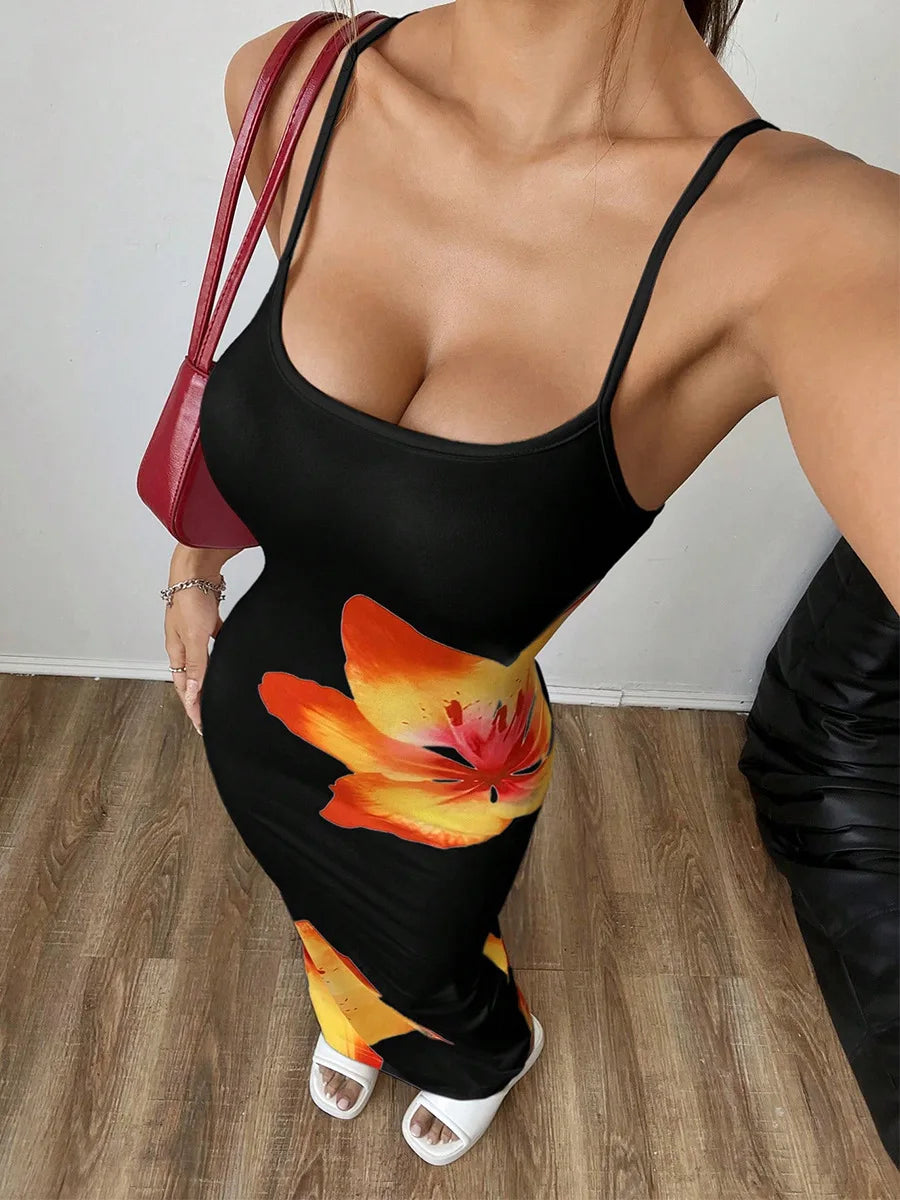 Robe longue moulante à bretelles sexy pour femme