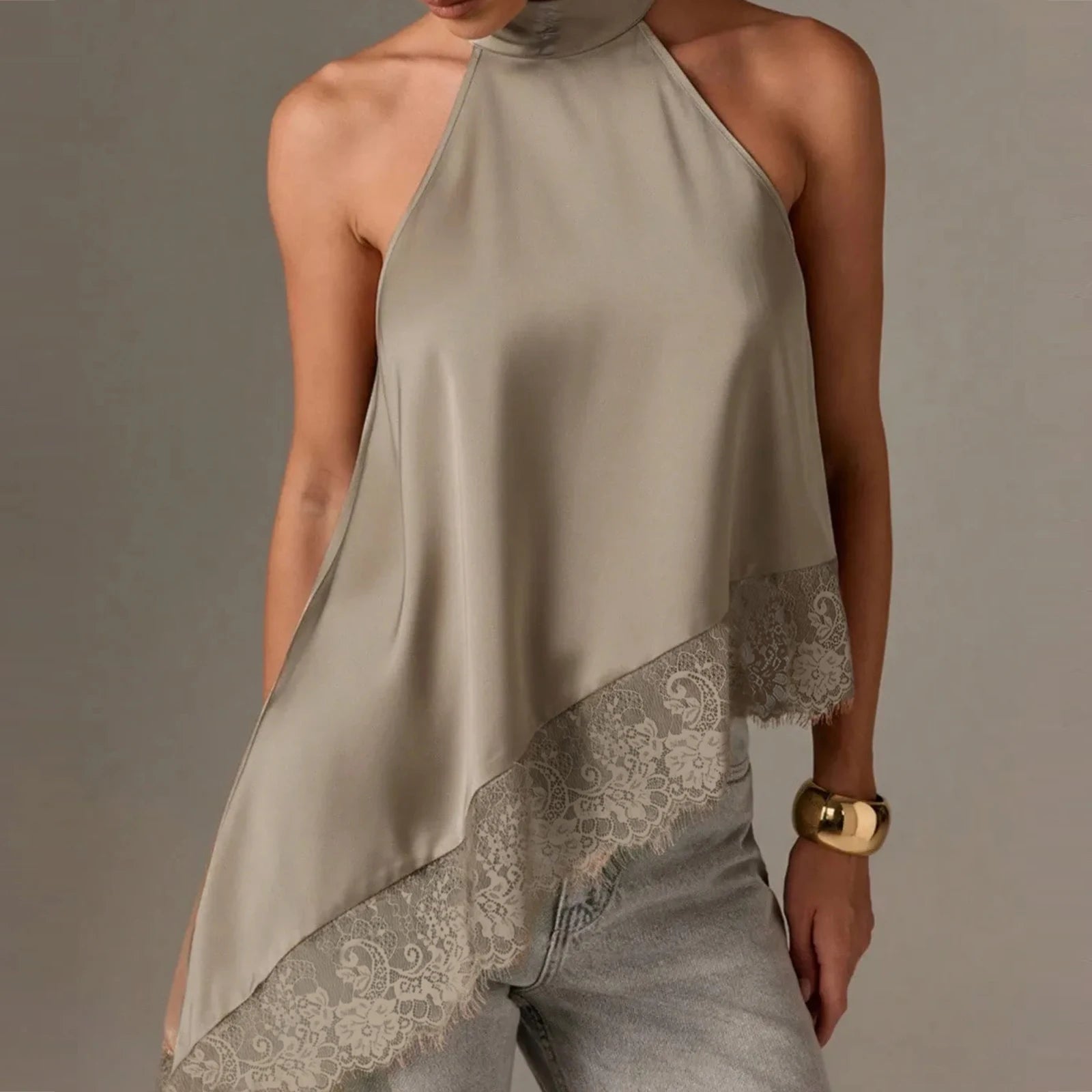 Top Halter à Col Montant Y2K pour Femme en Satin et Dentelle