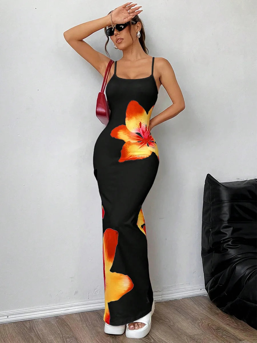 Robe longue moulante à bretelles sexy pour femme