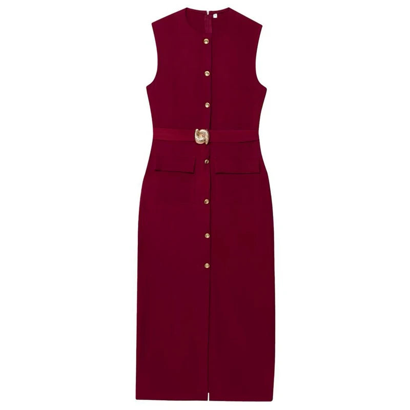 Robe Femme Élégante Sans Manches, Boutonnée avec Ceinture