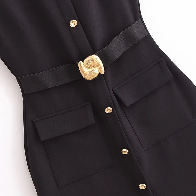 Robe Femme Élégante Sans Manches, Boutonnée avec Ceinture