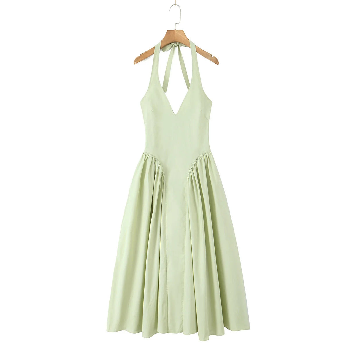 YENKYE Sexy Backless Green Elegant Halter Dress For Women Low Waist A-line Midi Summer Evening Party Dresses Cotton Robe