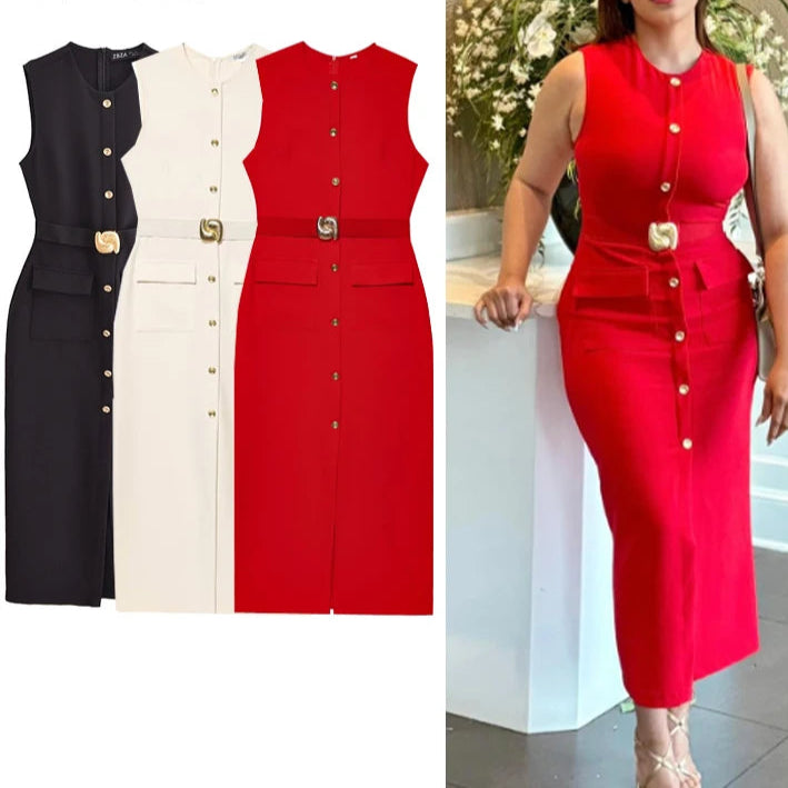 Robe Femme Élégante Sans Manches, Boutonnée avec Ceinture