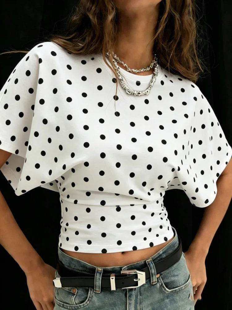Woman Round Neck Pleating Polka Dots Dolman Sleeve Crop Top Summer Sexy Elegant Leisure Comfortable Soft Y2k Slim Fit T-shirt