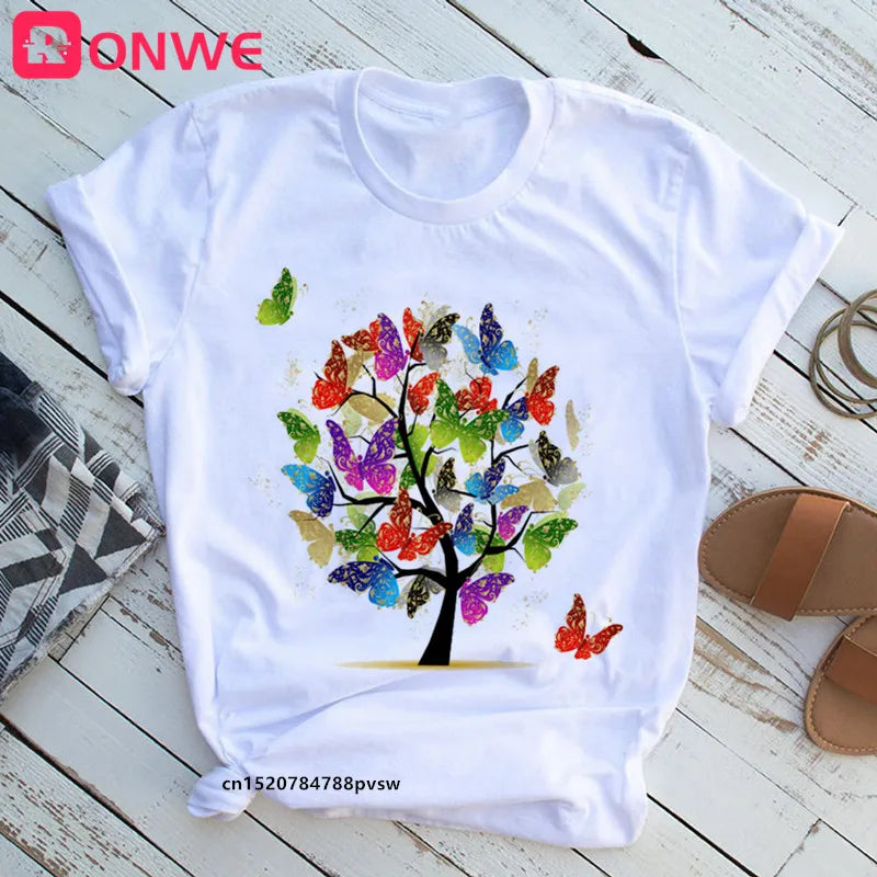 Tree print t-shirt, butterfly round neck