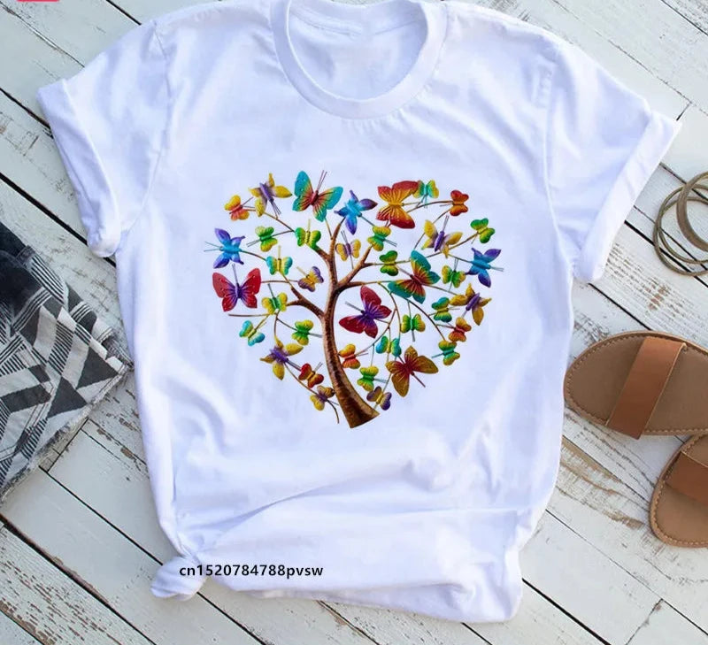 Tree print t-shirt, butterfly round neck