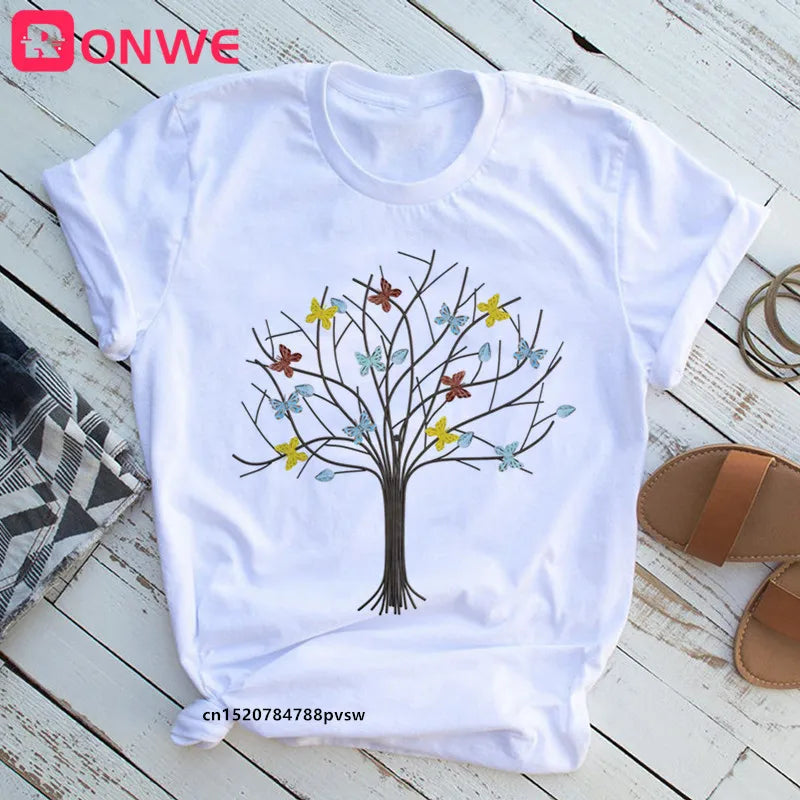 T-shirt imprimé arbre, papillon col rond