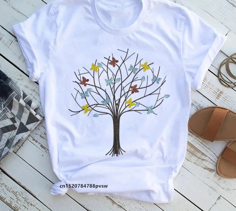 Tree print t-shirt, butterfly round neck