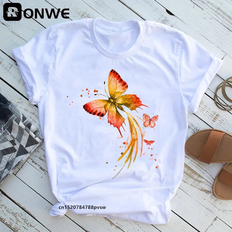 Tree print t-shirt, butterfly round neck