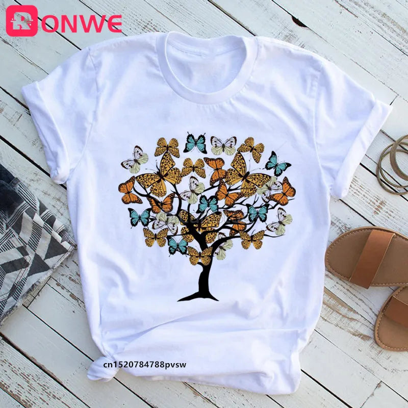 Tree print t-shirt, butterfly round neck